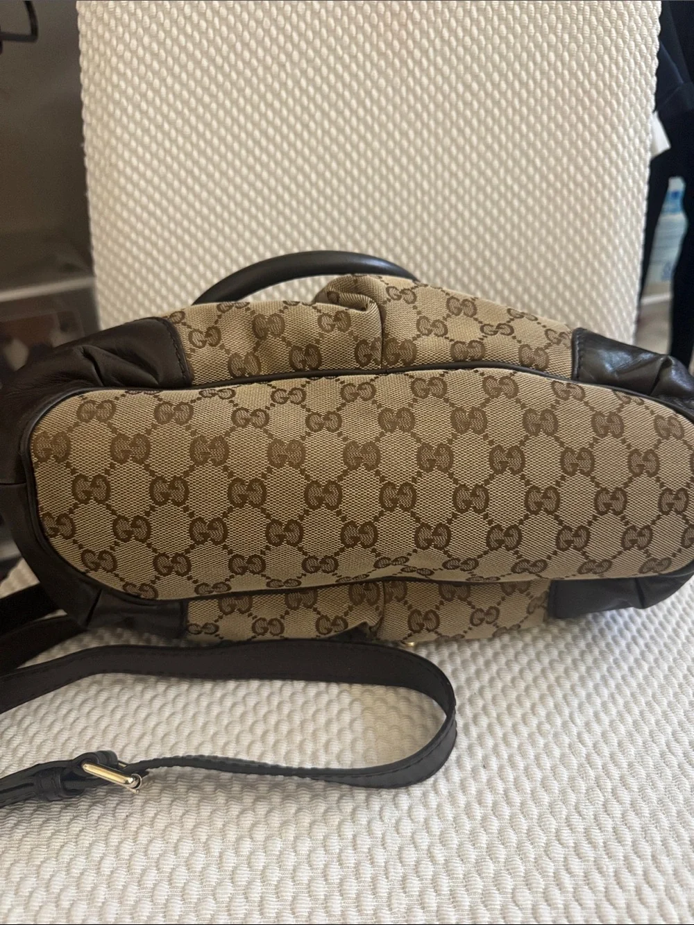 Gucci Beige Brown GG Canvas Satchel with Dark Brown Leather Trim
